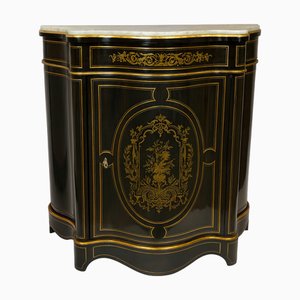 Credenza Napoleone III in legno ebanizzato con intarsi in ottone e marmo bianco, inizio XIX secolo