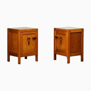 Art Deco Amsterdam School Nightstands in Oak and Glass, 1930s, Set of 2
