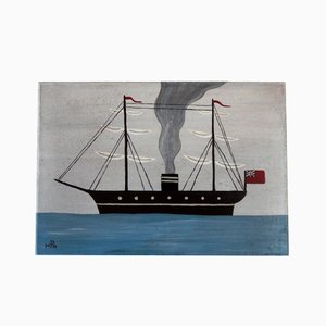Matt Rix, Naive Style Early Steam Ship Sail Boat, Oil on Board