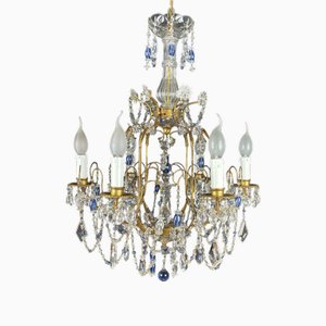 Gilt Iron Chandelier with Light Blue Crystals, 1950s