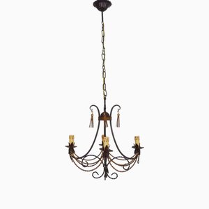 Lampadario vintage a quattro luci in metallo marrone e dorato, anni '80