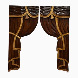 Low Relief Wooden Sculptered and Gilded Curtains, 1920s, Set of 2