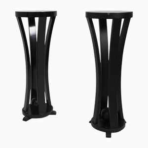 Round Black Lacquered Wooden Pedestal Tables, 1960s, Set of 2