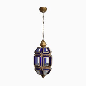 Brass and Blue Glass Lantern Ceiling Lamp, 1970s