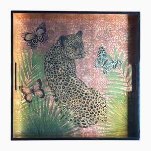 Plateau Carré Laqué Léopard en Bois par Les Ottomans