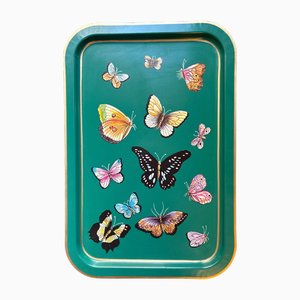 Plateau Rectangulaire en Métal Emaillé et Papillons Décorés à la Main par Les Ottomans