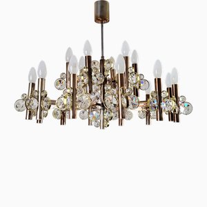 Lampadario in ottone placcato oro e cristallo di Gaetano Sciolari per Palwa, anni '70