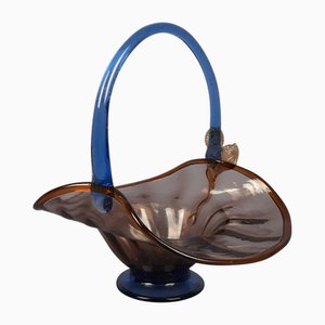 Amber Murano Glass Basket Centerpiece with Blue Handle