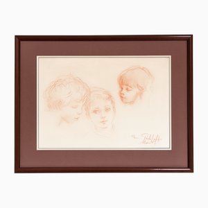 Philippe Moretti, Three Children, Original Sanguine Drawing, 1979