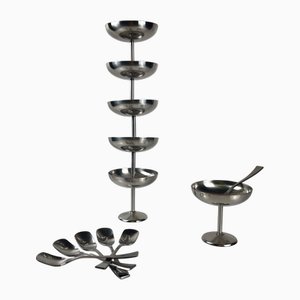 Coppe da gelato in acciaio inossidabile con cucchiai di Guy Degrenne, anni '70, set di 12