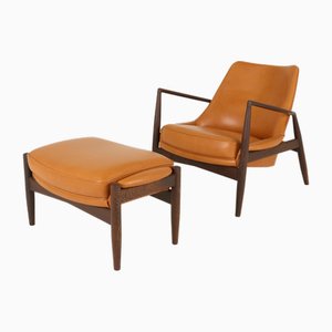 Model Sälen Lounge Chair and Ottoman by Ib Kofod Larsen, 1990s, Set of 2