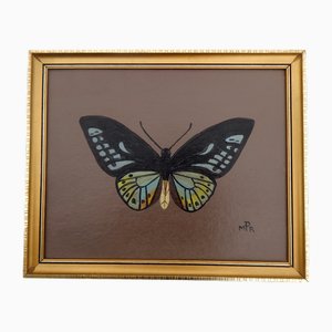 Matt Rix, Esemplare di farfalla in stile ingenuo in blu e verde, anni 2000, dipinto a olio, con cornice