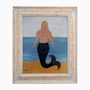 Matt Rix, Naive Style Mermaid Portrait, 2000s, Oil Painting, Framed