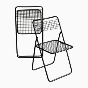 Vintage Folding Chairs in Black Metal, 1980s, Set of 2