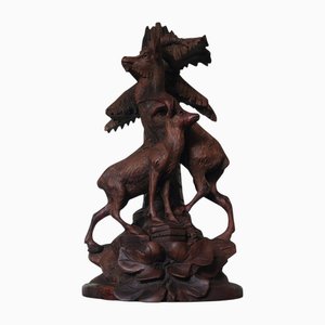 Black Forest Handcarved Deer Sculpture Vase Holder, 1920s-1940s