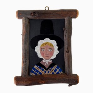 Matt Rix, Naive Style Portrait of a Welsh Girl in Traditional Dress, 2000s, Oil Painting, Framed