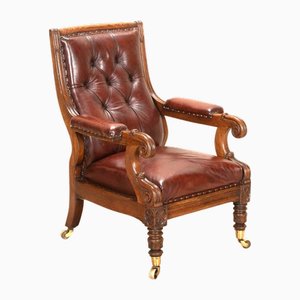 Antique English Oak Leather Library Chair, 1835