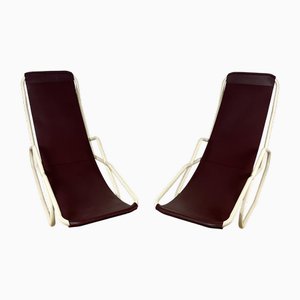 Set of Italian Painted Iron and Leather Deckchairs, 1950s