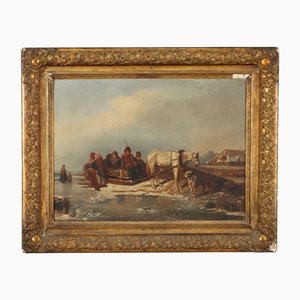 European Artist, Winter Scene, 1800s, Oil on Canvas, Framed