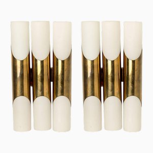 Apliques de pared de vidrio opalino con tubos de latón de Raak, años 70. Juego de 2