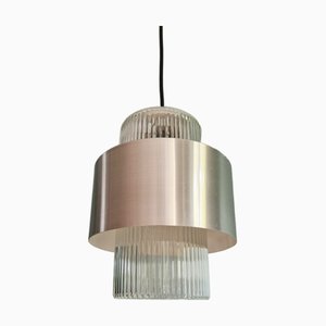 Scandinavian Glass and Silver Brushed Aluminum Pendant Light, 1960s