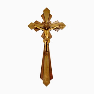 Zweifarbiges französisches Art Deco Kruzifix aus Messing von E. Hoffer, 1930er