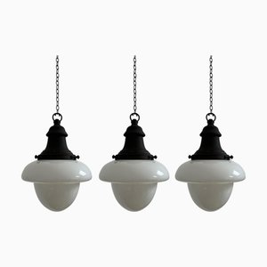 English 2-Tone Opaline Milk Glass Church Pendant, 1920s