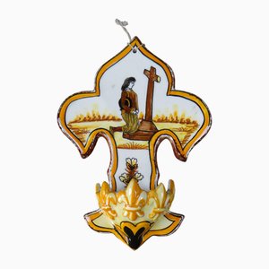 Polychrome Weihwasserfontäne aus Steingut mit Fleur-de-Lis von Henriot Quimper, 1960er