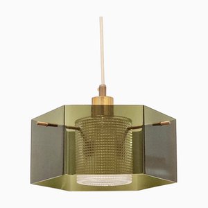 Mid-Century Scandinavian Glass and Brass Pendant attributed to Carl Fagerlund for Orrefors, Sweden, 1960s