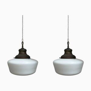 Large Antique English Opaline Milk Glass and Brass Church Pendant, 1890s