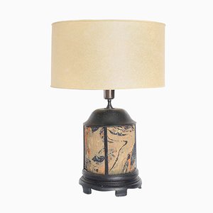 Antique Hand-Painted Fabric & Wood Table Lamp