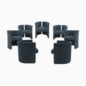 Mid-Century Modern Italian Curved Chairs in Blue Velvet, 1970s, Set of 7