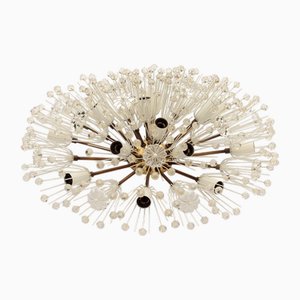 Vintage Hollywood Regency Round Crystal Glass Flowers and Brass Ceiling Light, 1950s
