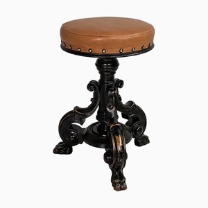 Italienischer Tischhocker aus Holz & Braunem Leder, 1930er
