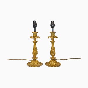 Vintage French Gold Rococo Style Candlestick Table Lamps, 1960s, Set of 2