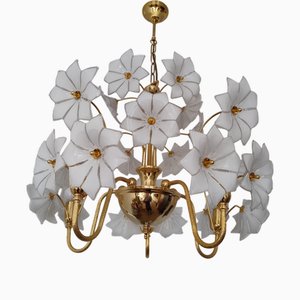 Grand Lustre Fleurs Blanches en Verre Murano, 1970s