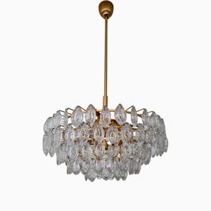 Gilded Brass and Crystal Glass Chandelier attributed to Ernst Palme for Palwa, Germany, 1970s