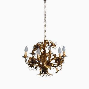 Lustre à 6 Lumières Hollywood Regency Gilt Lily Floral Mid-Century par Hans Kögl, Italie, 1970s