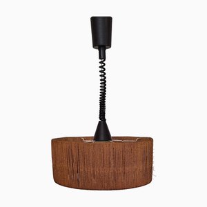 Höhenverstellbare Vintage Hängelampe aus Kunststoff mit Lampenschirm aus Bast, Cremefarbenem Glas und Teakholzgriff, 1970er