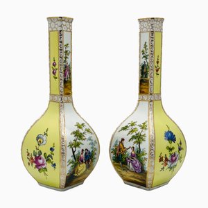 Porcelain Vases with Yellow Ground and Watteau Scenes from Helena Wolfsohn Dresden, 1875, Set of 2