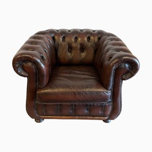 Vintage Chesterfield Armchair in Brown Leather