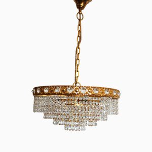 24 Karat Gold-Plated Brass and Lead Crystal 6-Flame Chandelier from Sölken Leuchten, 1970s