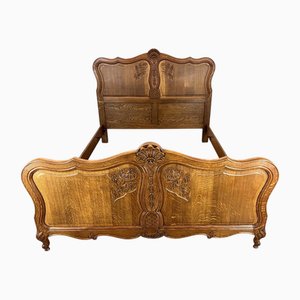 Vintage French Louis XVI Style Double Carved Bed Frame in Oak