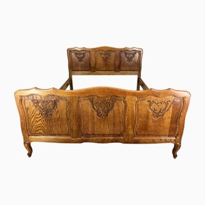 Vintage French Louis XVI Style Double Carved Bed Frame in Oak