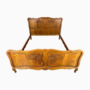 Vintage French Louis XVI Style Double Carved Bed in Oak