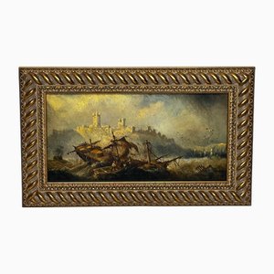 Claude Thomas Stanfield Moore, Naufragio sulle rocce al largo del castello di Dunstanburgh, XIX secolo, Dipinto ad olio, Incorniciato