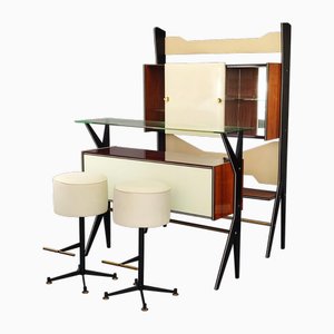Italian Bar Cabinet with Counter & Stools, 1950s, Set of 4