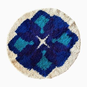 Tappeto shaggy rotondo con decorazioni floreali e geometriche, anni '70