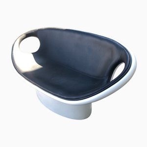 Italian Space Age Black Leather and White Fiberglass Love Sofa, 1960s