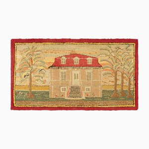 Antiker Beige Gerahmter Hakenteppich mit Landhaus Bildmotiv